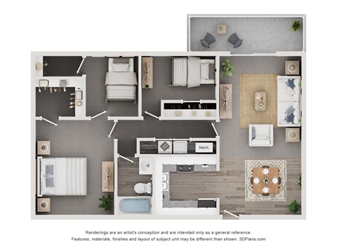 Floor plan for 3 beds, 1 bath, 950 sqft